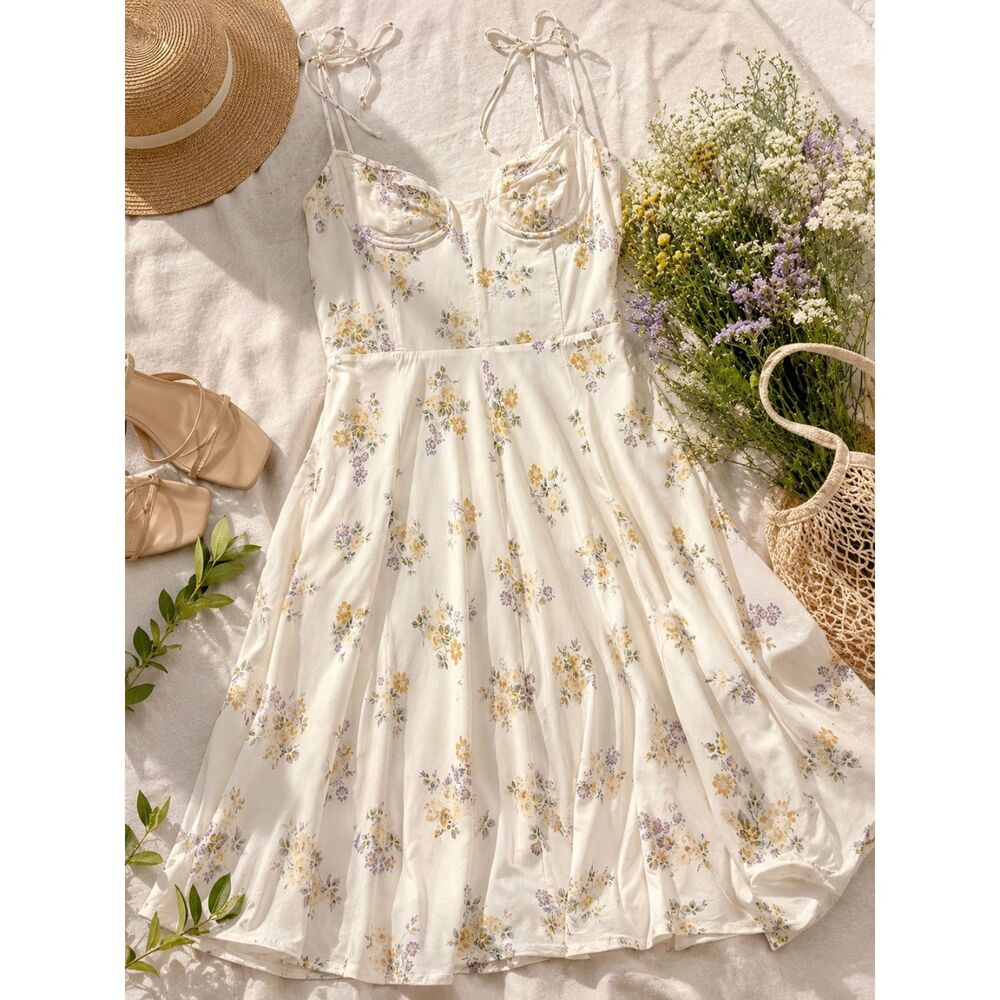 WAYF Floral Midi Dress Medium Ivory Bustier Corset Tie Strap Cottagecore